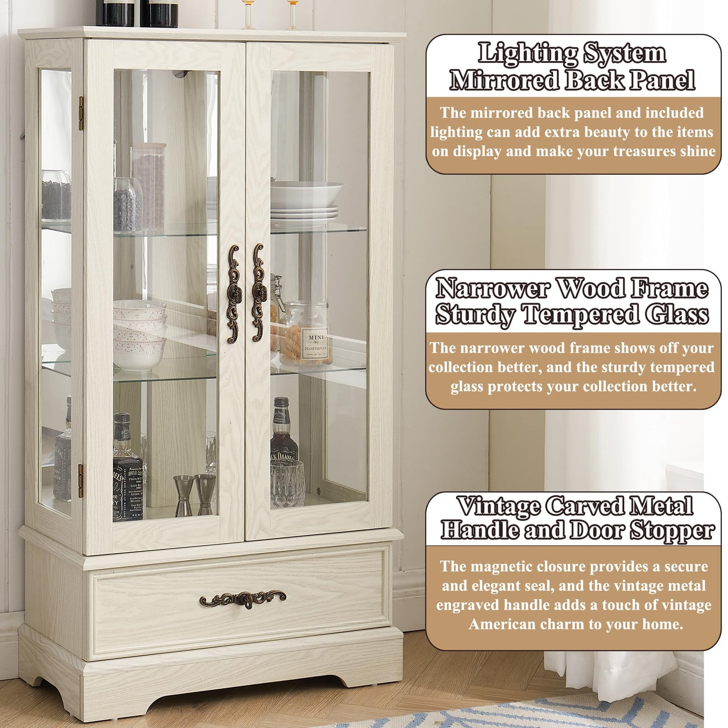 nifoti 47" H Lighted Curio Cabinet Display Case, Glass Cabinet with Adjustable Shelves,Tempered Glass Door and Drawer, Wooden Curio Cabinet with Mirrored Back Pane for Living Room (Antique White)