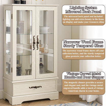 nifoti 47" H Lighted Curio Cabinet Display Case, Glass Cabinet with Adjustable Shelves,Tempered Glass Door and Drawer, Wooden Curio Cabinet with Mirrored Back Pane for Living Room (Antique White)