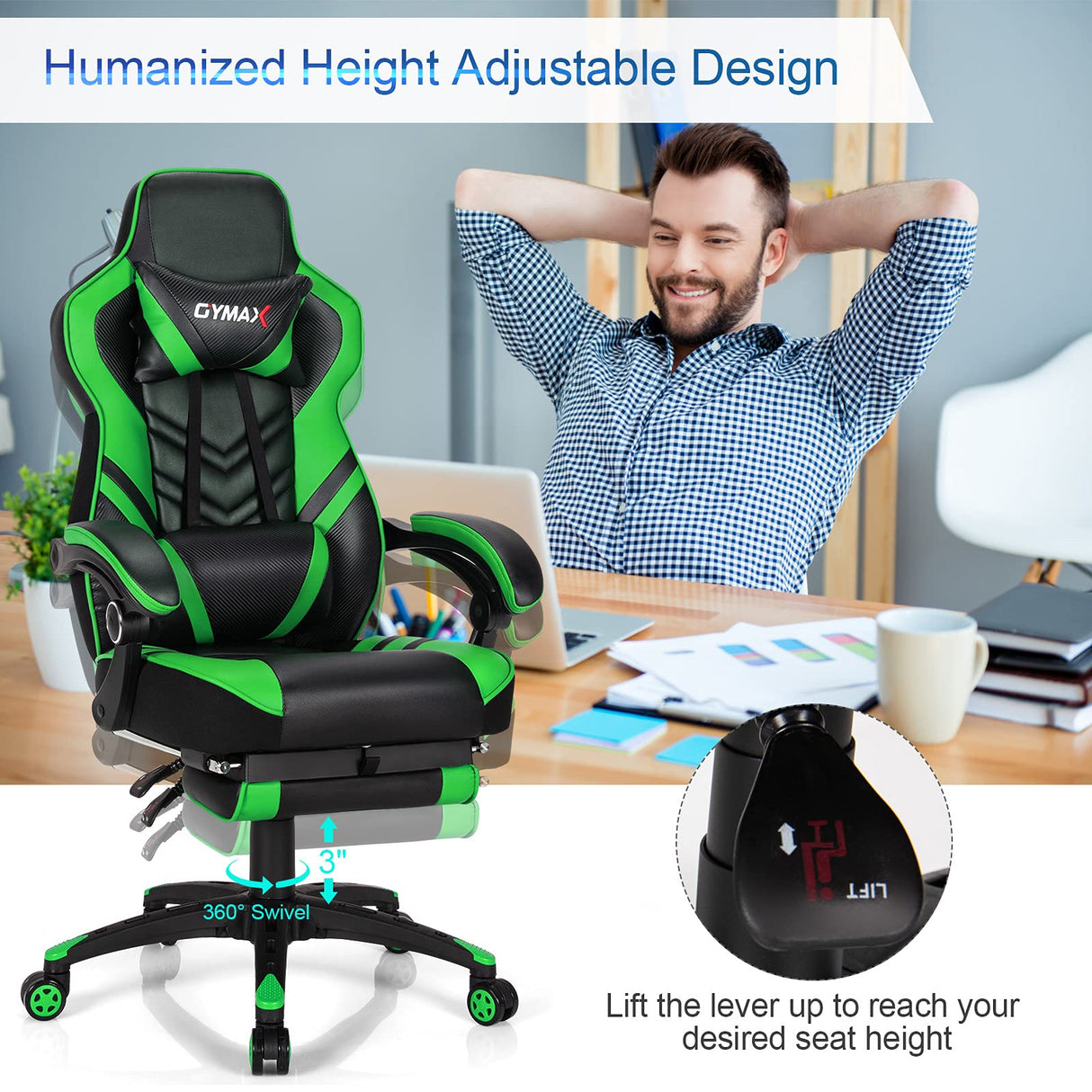 Green Gaming Chair Ergonomic Computer Chair for Adults Teens Reclining Gamer Chair High Back Game Chair Racing Style Desk Chair with Retractable Footrest, Lumbar Support and Headrest TOMANOR