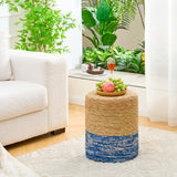 Wimarsbon Natural Seagrass Foot Stool, Hand Weaving Round Ottoman, for Living Room, Outdoor Seat (Natural & Blue) Wimarsbon