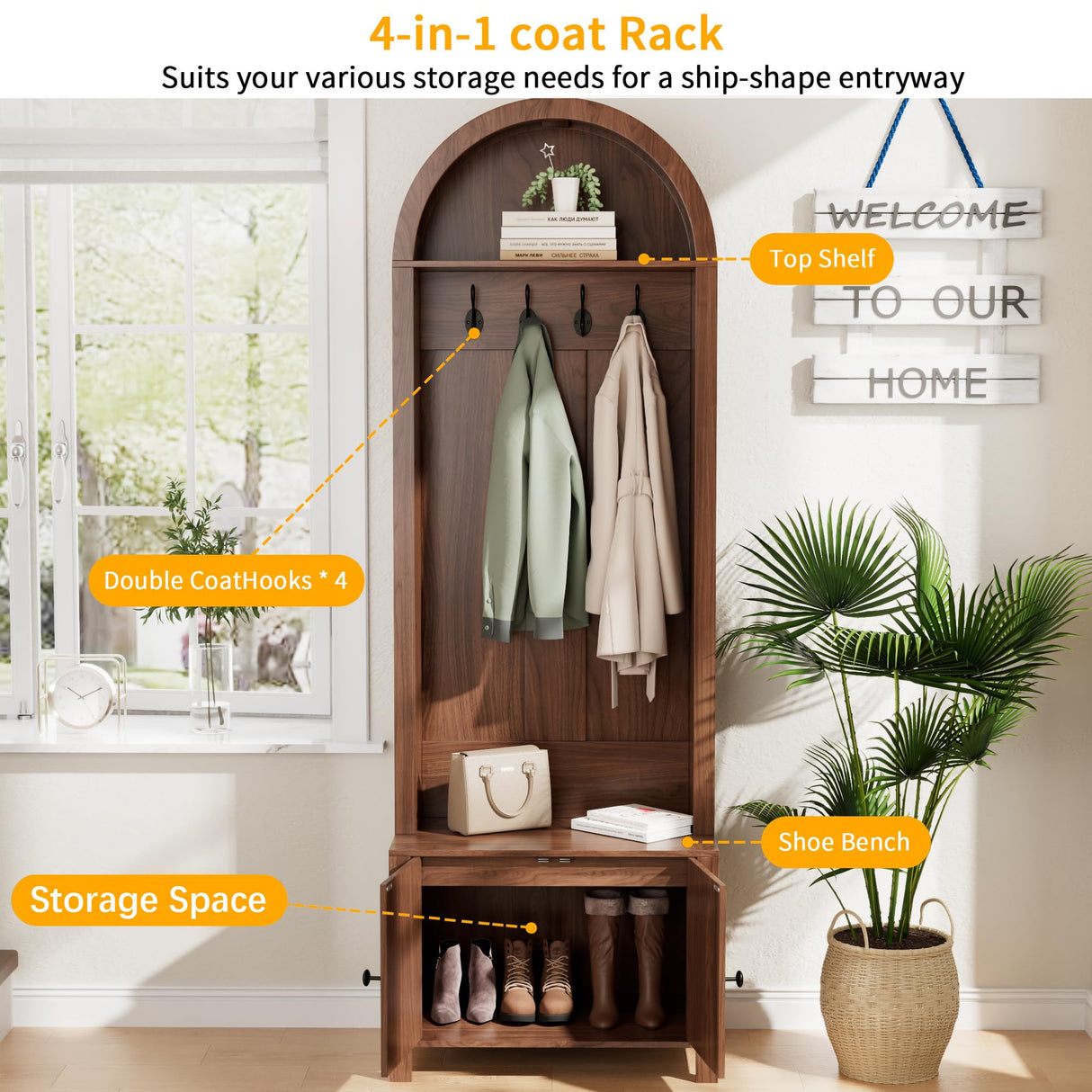 Hall Tree with Bench and Shoe Storage, Entryway Storage Bench with Coat Rack, 70.9"Arch Coat Rack with 4 Hooks and 2 Fluted Doors, Farmhouse Style Furniture Organizer for Hallway (Walnut, 23.7"W) Mxtxmy