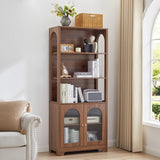 MAHYIZYI 71" Tall Bookshelf with Glass Doors, 5-Tier Arched Bookcase with Storage & Adjustable Shelf, Freestanding Wood Book Shelf Modern Farmhouse Display Cabinet for Living Room, Office (Walnut) MAHYIZYI