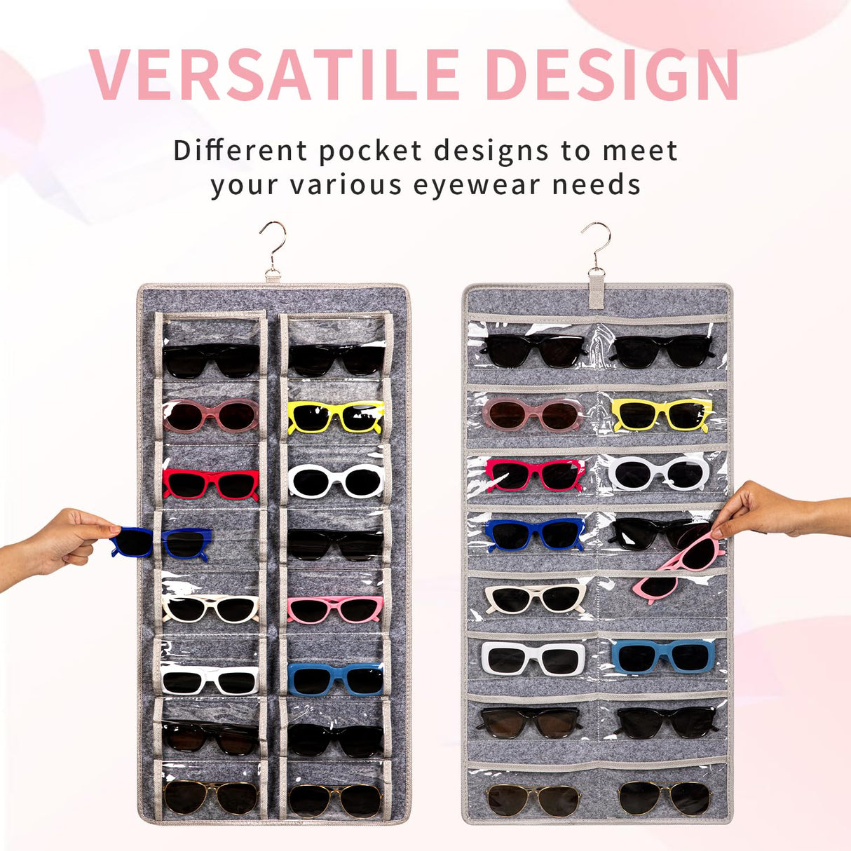 KGMCARE Dual Sided Sunglasses Storage organizer case, Eyeglasses Holder Wall Mounted with 32 Clear Slots & Metal Hook, Dust Proof Sunglasses Storage Case KGMCARE