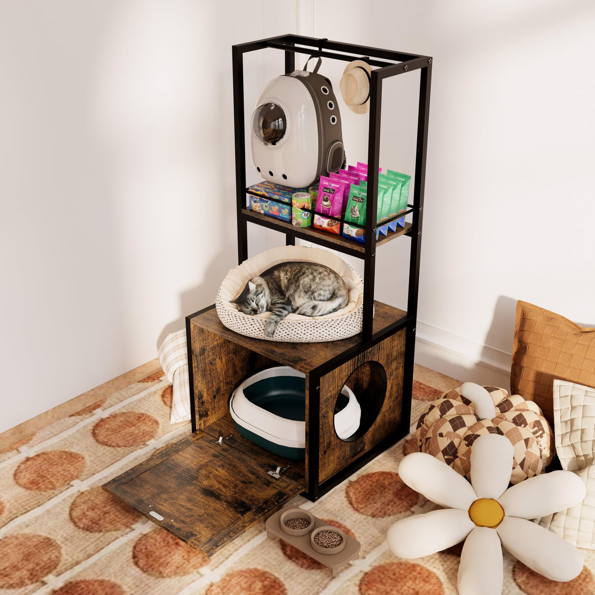 VFJ Cat Litter Box Enclosure Furniture,Hidden Litter Box Furniture for Living Room,with Storage Shelves and 2 Hanging Clothes Rack,Wooden Cat Washroom Furniture,Cat House,Fit Most of Litter Box(D) VFJ