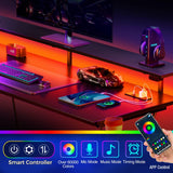 SEVEN WARRIOR Gaming Desk with LED Lights & Power Outlets, 31.5" Computer Desk with Monitor Shelf, Home Office Desk with Cup Holder and Headphone Hook, Ergonomic, Carbon Fiber Surface Black SEVEN WARRIOR