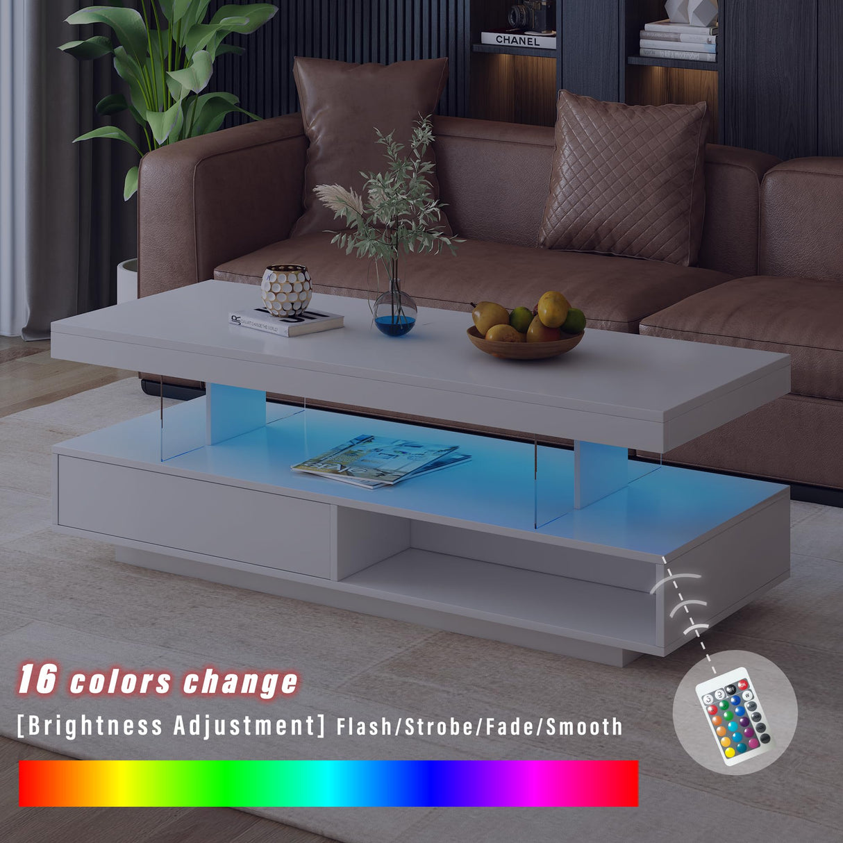 LUMISOL High Gloss Coffee Table with 16 Color LED Lights, UV Cocktail Table with Storage Drawer, Modern Center Table with Storage Shelf for Living Room, White LUMISOL