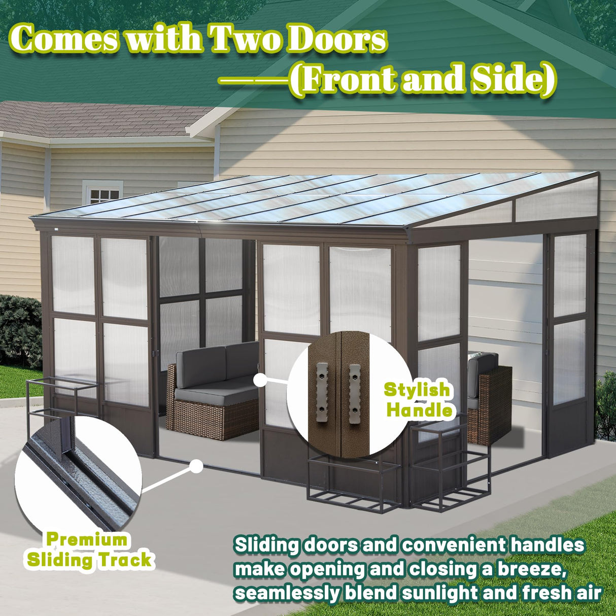 Domi 10x14FT Wall Mounted Sunroom, Wall Solarium with Aluminum PC Sloping Roof, Detachable PC Screen House, Lockable Sliding Front and Side Doors, Outdoor Lean-to Gazebo, Sun Room for Deck Patio domi outdoor living