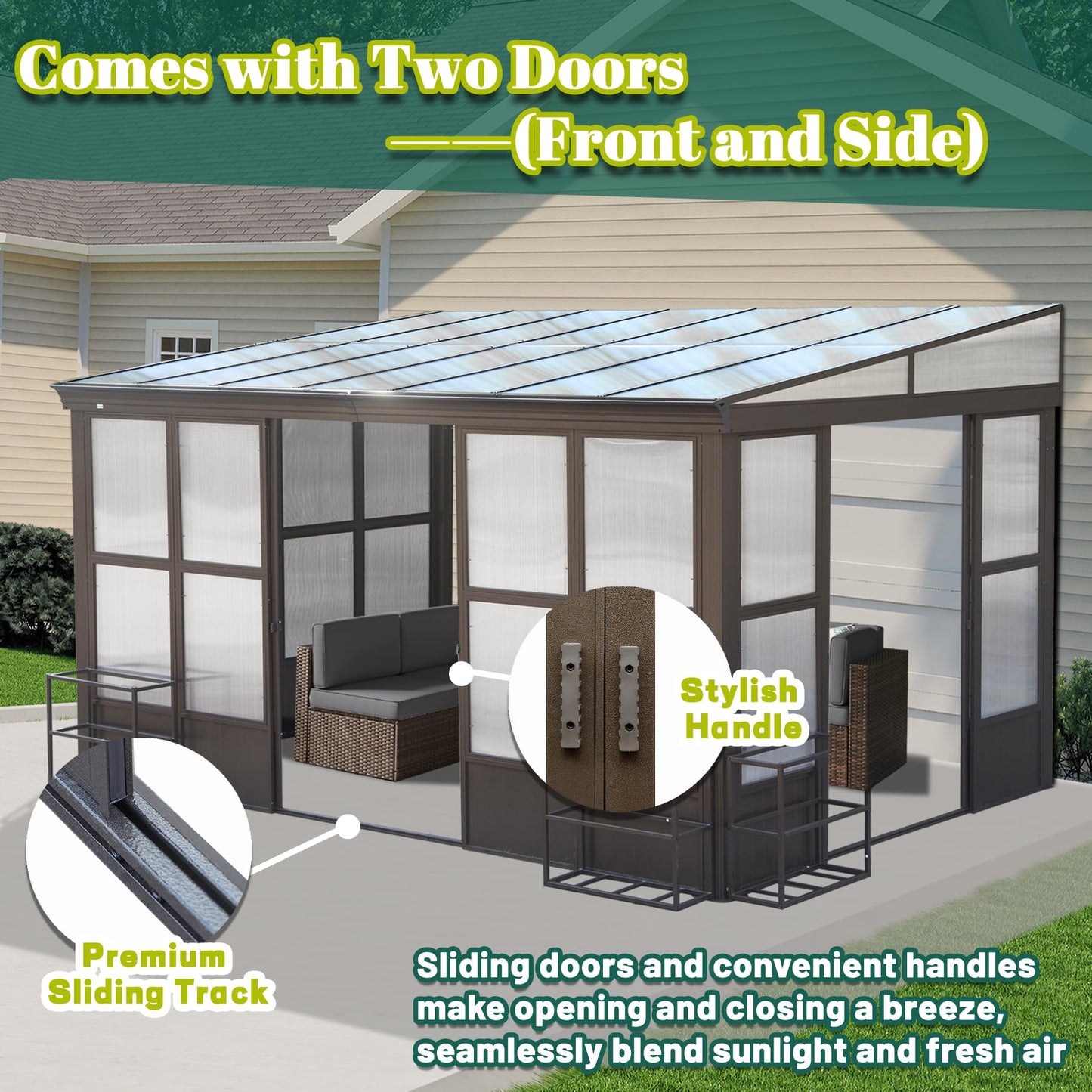 Domi 10x14FT Wall Mounted Sunroom, Wall Solarium with Aluminum PC Sloping Roof, Detachable PC Screen House, Lockable Sliding Front and Side Doors, Outdoor Lean-to Gazebo, Sun Room for Deck Patio