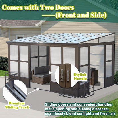 Domi 10x14FT Wall Mounted Sunroom, Wall Solarium with Aluminum PC Sloping Roof, Detachable PC Screen House, Lockable Sliding Front and Side Doors, Outdoor Lean-to Gazebo, Sun Room for Deck Patio