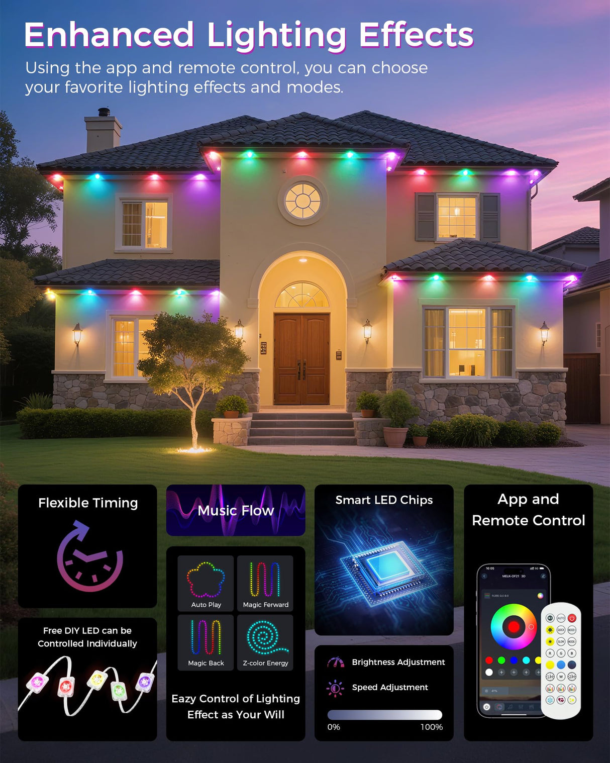 Permanent Outdoor Lights for House, 100ft Smart RGB LED Eave Lights Outdoor Decor with App/Remote Control, IP67 Waterproof Lighting with Multi Scene Modes for Halloween, Daily, Party, Holiday JarryStart