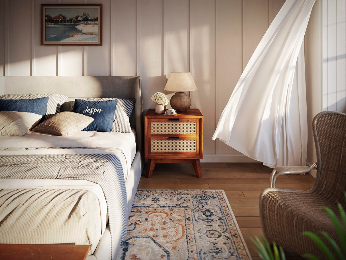 Bme Jasper Deluxe Solid Wood Rattan Nightstand Fully Assembled-Mid Century Modern Side Table with 2 Drawers-Multipurpose use for Living Room, Bedroom-Dark Chocolate Bme