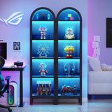 BROTTAR 71" Tall Arched Display Cabinet with Glass Doors, 5-Tier Curio Cabinet with LED Lights for Collectibles, Books, Showcase Glass Display Case with Human Body Sensor for Living Room, Black BROTTAR