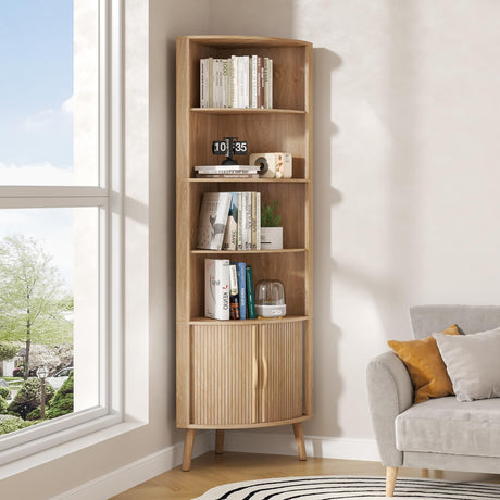 Limaoaio 5-Tier Corner Shelf, 66.73''Tall Modern Corner Bookshelf, 5 Shelf Bookcase with 2 Fluted Doors, Freestanding Wood Corner Display Storage Shelf Organizer for Living Room, Office (Wood Color) Limaoaio