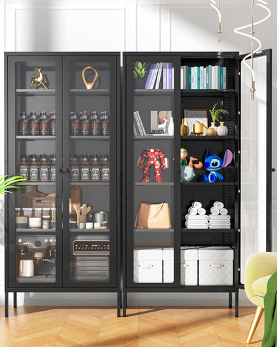 Greenvelly Metal Glass Display Cabinet with 5-Tier Storage Shelves, Tall Curio Cabinets with Glass Doors and Shelves, Black Steel Cabinet Collectibles Display Case for Home Office, Living Room, Pantry