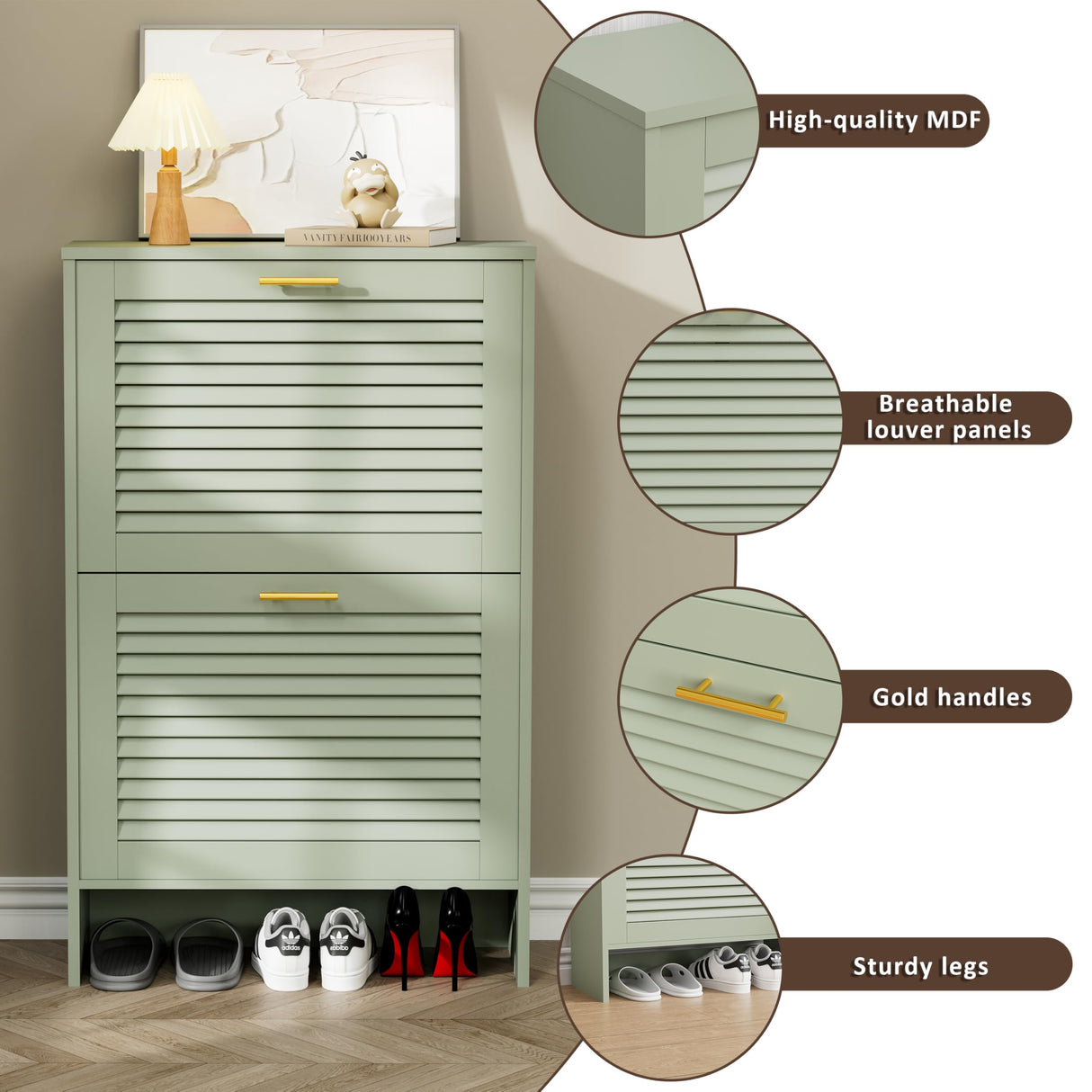 Glavbiku Shoe Storage Cabinet with 2 Flip Drawers, Louvered Shoe Cabinet for Entryway, Narrow Hidden Storage Organizer Space Saving, Shoe Rack Cabinet for Hallway Foyer, Green Glavbiku