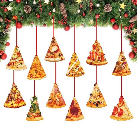 D4DREAM Pizza Christmas Ornaments 12Pcs Wooden Pizza Ornament for Christmas Tree Personalized Xmas Pizza Ornament for Kids Funny Pizza Slice Food Ornament Gifts for Christmas New Year Party Decoration D4DREAM