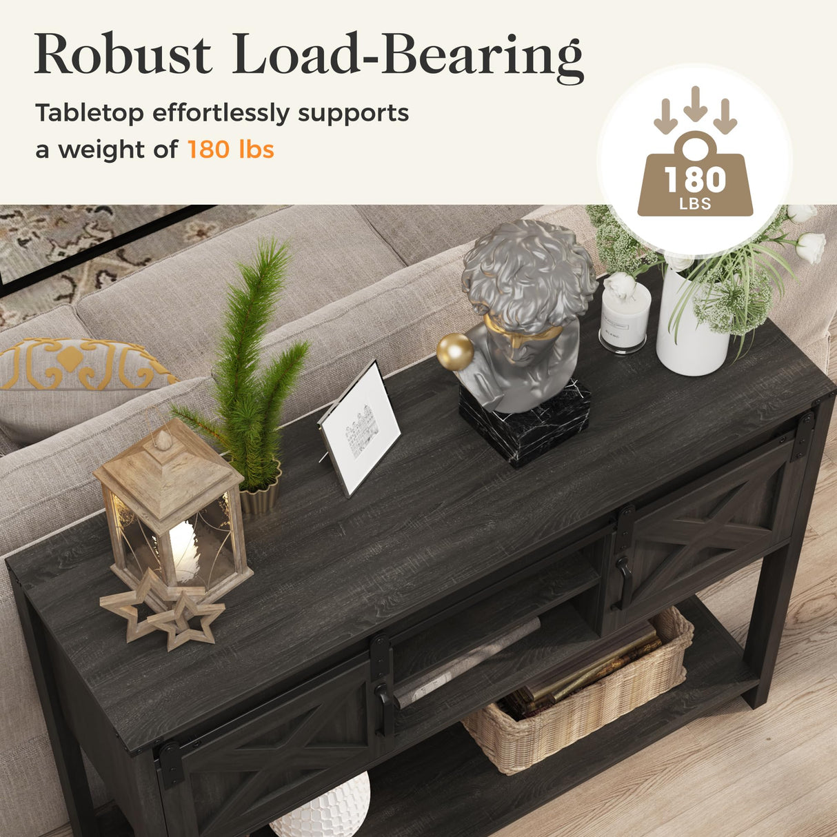 RoyalCraft Farmhouse Entryway Table with Storage, 46" Console Table with Sliding Barn Door, Wood Rustic Sofa Table with Adjustable Shelf for Hallway, Living Room, Foyer, Dark Grey RoyalCraft