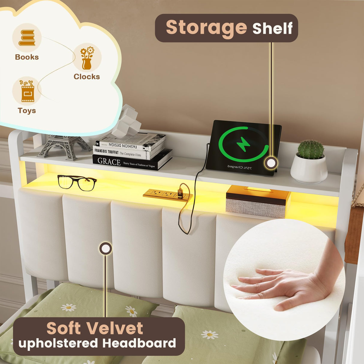 MoproBeti Bunk Bed with Desk,Upper Shelf & Storage Bookshelves,Metal L-Shaped Full Over Twin Bunk Beds with LED & Charge Station,Full Loft Bed w/Ladder,Safety Guardrail for Boys Girls,White MoproBeti