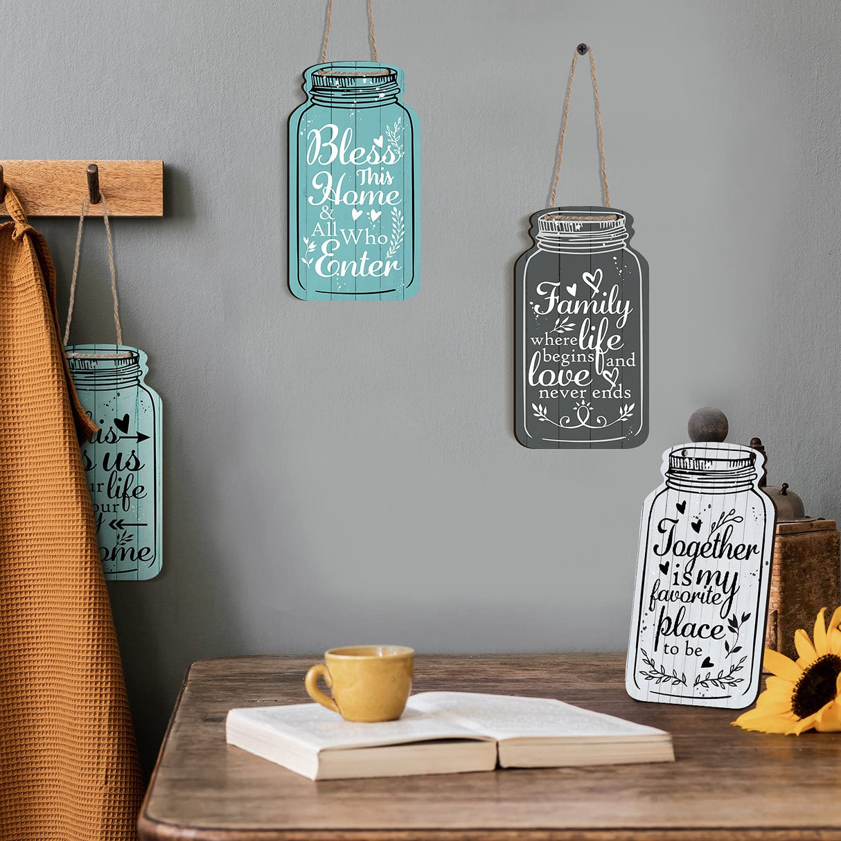 Jetec 4-Piece Mason Jar Wall Hanging Plaque Set - Rustic Farmhouse Decor Signs - Bless This Home, Family, Together, Love, Life, Home, Forever - Wooden Wall Mount - Approx. 8.3 x 4.5 x 0.24 Inches Jetec