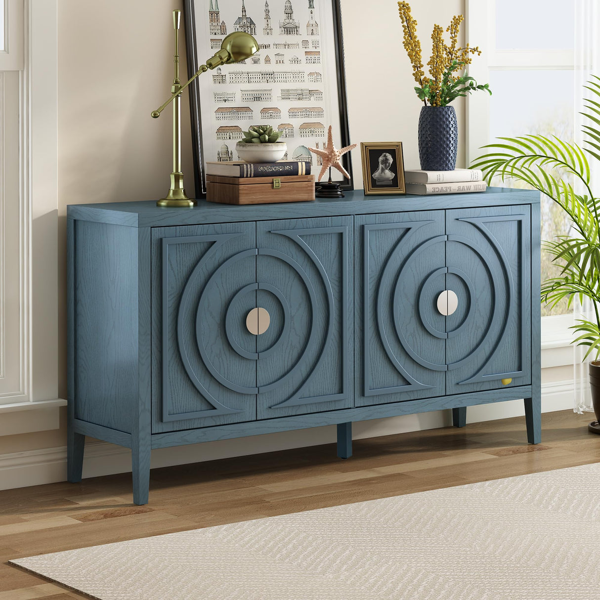 LUMISOL 60" Sideboad Buffet Cabinet with 4 Doors Large Storage Cabinet Kitchen Sideboard Cabinet with Metal Handles Solid Wood Sideboard Console LUMISOL