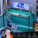 iSunirm 47 inch Computer Desk with Power Outlets, Gaming Desk with LED Lights, Home Office Work Desk with Monitor Shelf, Modern Office Desk Study Writing Table for Small Spaces, Black Oak iSunirm