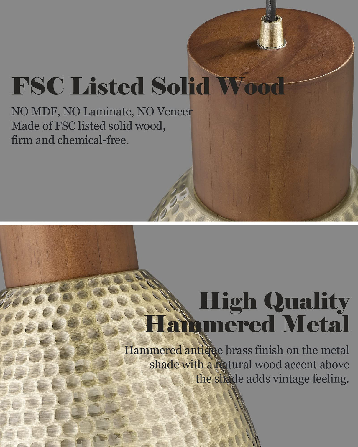 ELYONA Vintage Hammered Pendant Light Fixture, 7” Brushed Brass Metal Hanging Light Solid Wood Antique Gold Pendant Lamp for Kitchen Island, Farmhouse, Dining Room, Small, Adjustable Height ELYONA