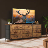 WLIVE 63''W Dresser for Bedroom, Dresser TV Stand for 65, 70, 75 inch TV, Wide Chest of Drawers with 9 Drawer, Large Entertainment Center, Fabric Dressers with Wood Top for Living Room, Rustic Brown WLIVE