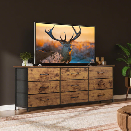 WLIVE 63''W Dresser for Bedroom, Dresser TV Stand for 65, 70, 75 inch TV, Wide Chest of Drawers with 9 Drawer, Large Entertainment Center, Fabric Dressers with Wood Top for Living Room, Rustic Brown WLIVE