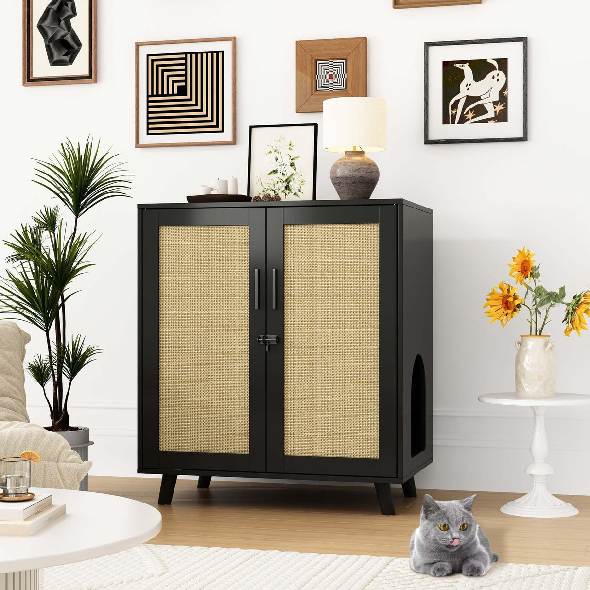 DAWNSPACES Large Cat Litter Box Enclosure, 2 in 1 Hidden Cat Washroom Furniture with Sisal Covered Doors, 2 Layers Wooden Cat Cabinet with Adjustable Shelf, Side Table TV Stand for Living Room, Black DAWNSPACES