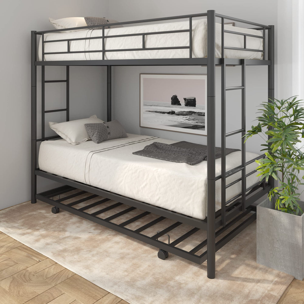 HomJoones Twin Over Twin Metal Bunk Bed with Trundle Heavy Duty Twin Size Metal Bunk Beds Frame with 2 Side Ladders Convertible Bunkbed with Safety Guard Rails,No Box Spring Needed (Black) HomJoones