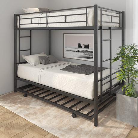 HomJoones Metal Bunk Bed with Trundle,Twin Over Twin Bunk Bed Frame with Ladder and Safety Rails for Triple Metal Bunk Can be Divided into Two beds (Black) HomJoones