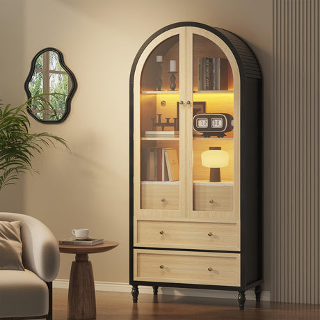 Saudism Kitchen Pantry Cabinet 73 Inch Tall Arched Cabinet, Arched Storage Cabinet with Acrylic Doors, Led Lighted Display Cabinet with 3 Drawers, Boho Arch Bookshelf for Dining Room, Black Saudism