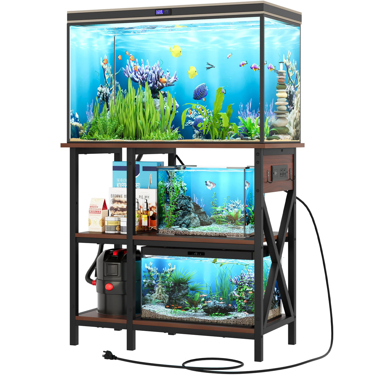 YITAHOME 10-29-37 Gallon Fish Tank Stand with Power Outlet, 30x16 Inch Metal Aquarium Stand with 3-Tier Adjustable Storage Shelves and Hooks, 450LBS Capacity, Rustic Brown YITAHOME