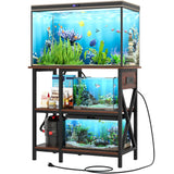 YITAHOME 10-29-37 Gallon Fish Tank Stand with Power Outlet, 30x16 Inch Metal Aquarium Stand with 3-Tier Adjustable Storage Shelves and Hooks, 450LBS Capacity, Rustic Brown YITAHOME