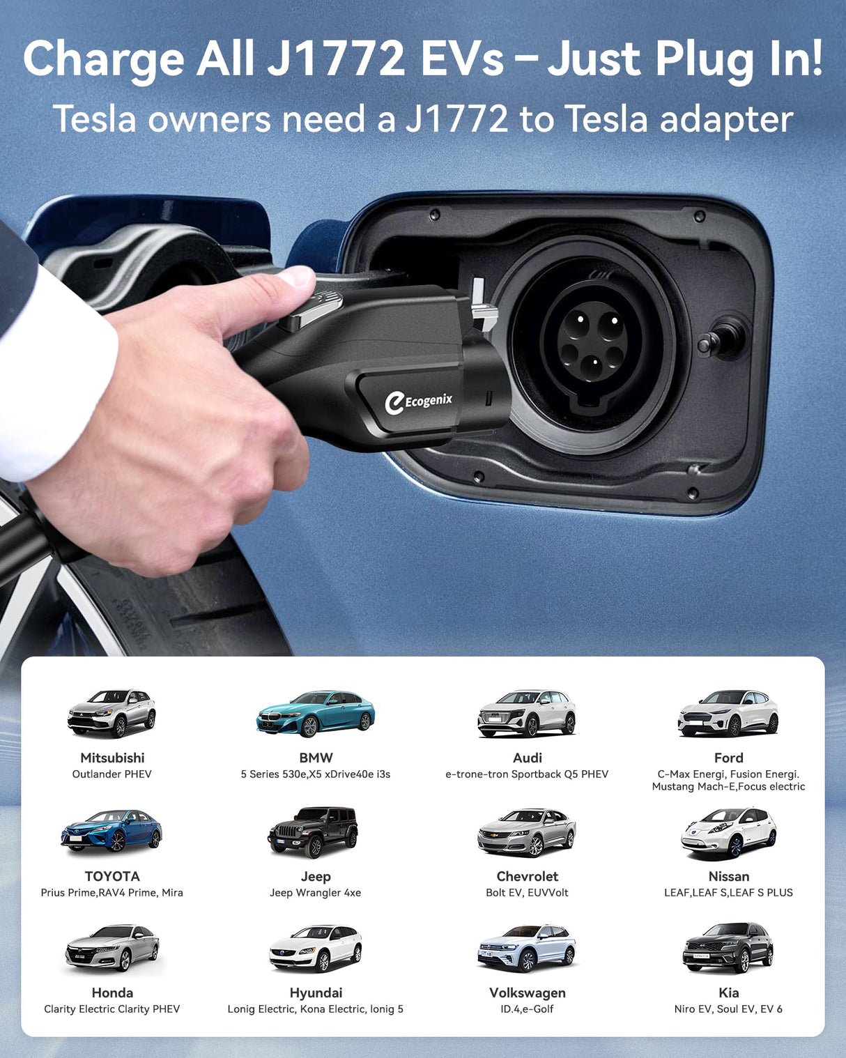 Carbon Fiber Level 1+2 EV Charger (16Amp, 110V-240V, 25ft Cable) Portable Fast Charger with Holder, NEMA 6-20P, Works with All J1772 EV and Hybrid Vehicles, for Home and Outdoor, Black, Ecogenix EC23 Ecogenix