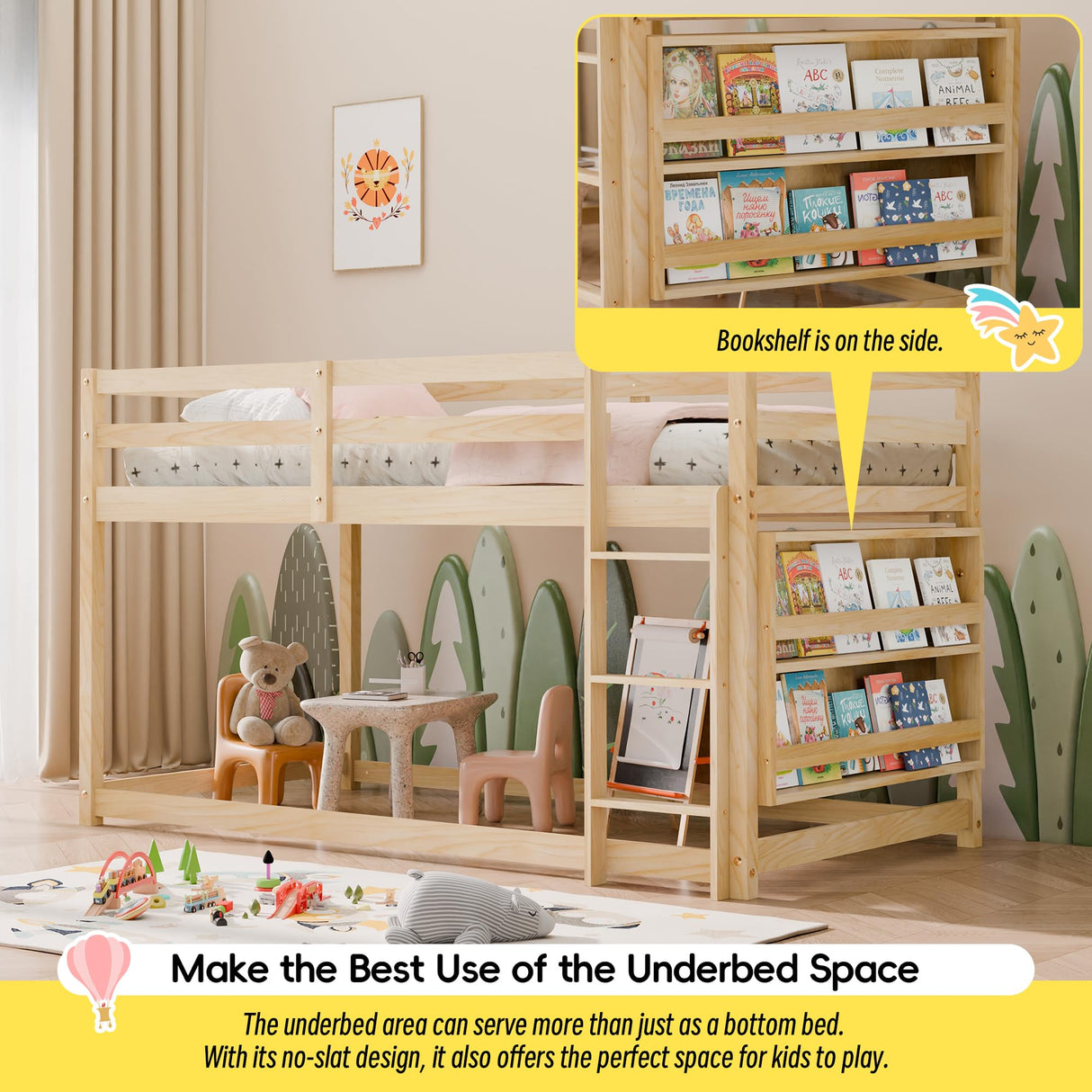 Xilingol Low Bunk Bed for Kids, Floor Bunk Bed Twin Over Twin with Bookshelves & Full Guardrails, Wooden Twin Bunk Bed Frame for Bedroom, Dorm, Boys, Girls, Children, Toddler (Natural) Xilingol