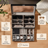 Lifewit 2- layer Sunglasses Organizer with Glass Lid, 6 Slots eyeswear Holder, 6 Slots Watch box, Spaces for Rings, Brooch, Tie Clip, Multiple Eyeglasses Display Case for Men, Gift Idea, Inky Black Lifewit
