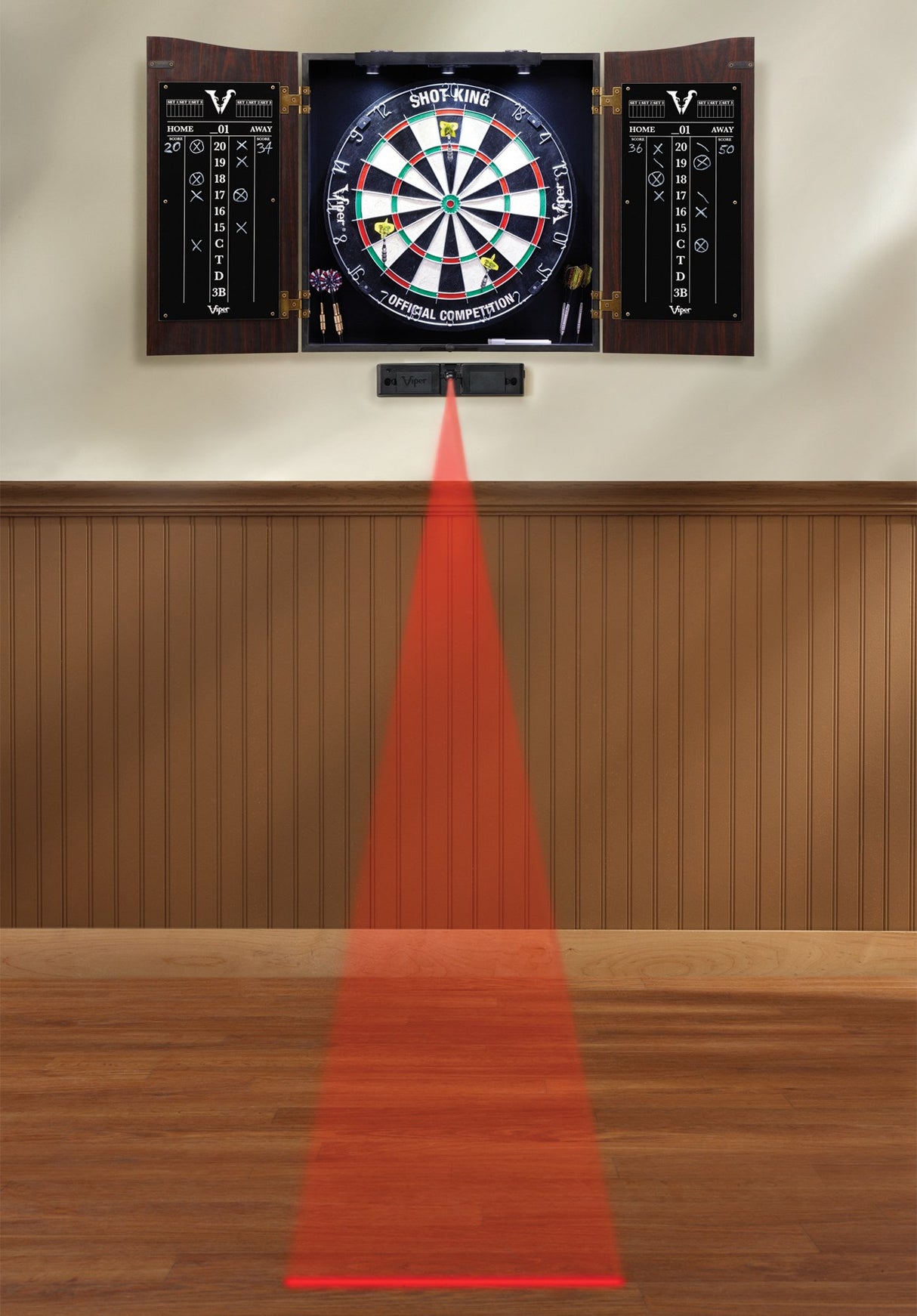 Viper by GLD Products Viper Vault Cabinet & Shot Sisal/Bristle Ready-to-Play Bundle: Elite Set (Shot King Dartboard, Darts, Shadow Buster and Laser Throw Line), Black Viper