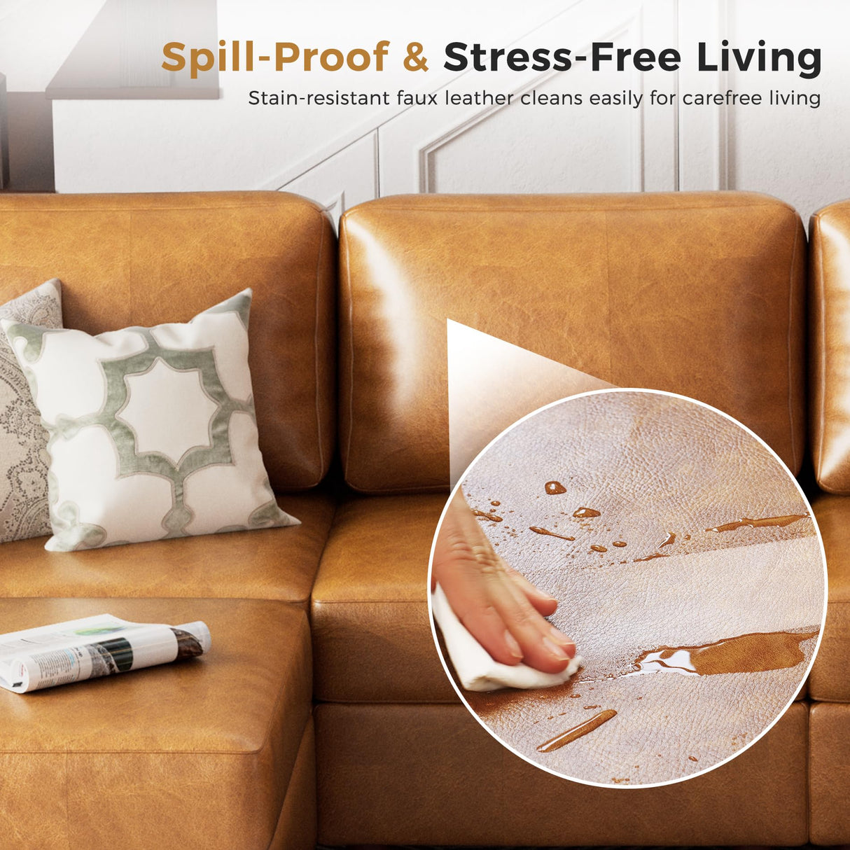 ABCASA Oversized Modular Sectional Sofa, 118.5" Faux Leather 6 Seater U Shaped Couch with Movable Ottoman and Storage Seat with Reversible Chaise Deep Seat for Living Room Brown ABCASA