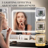 Esmlada Large Vanity Desk with Mirror and Light, Makeup Vanity Table and Cushioned Stool Set, Bedroom Dressing Table with Charging Station and 3 LED Light Modes Brown Esmlada