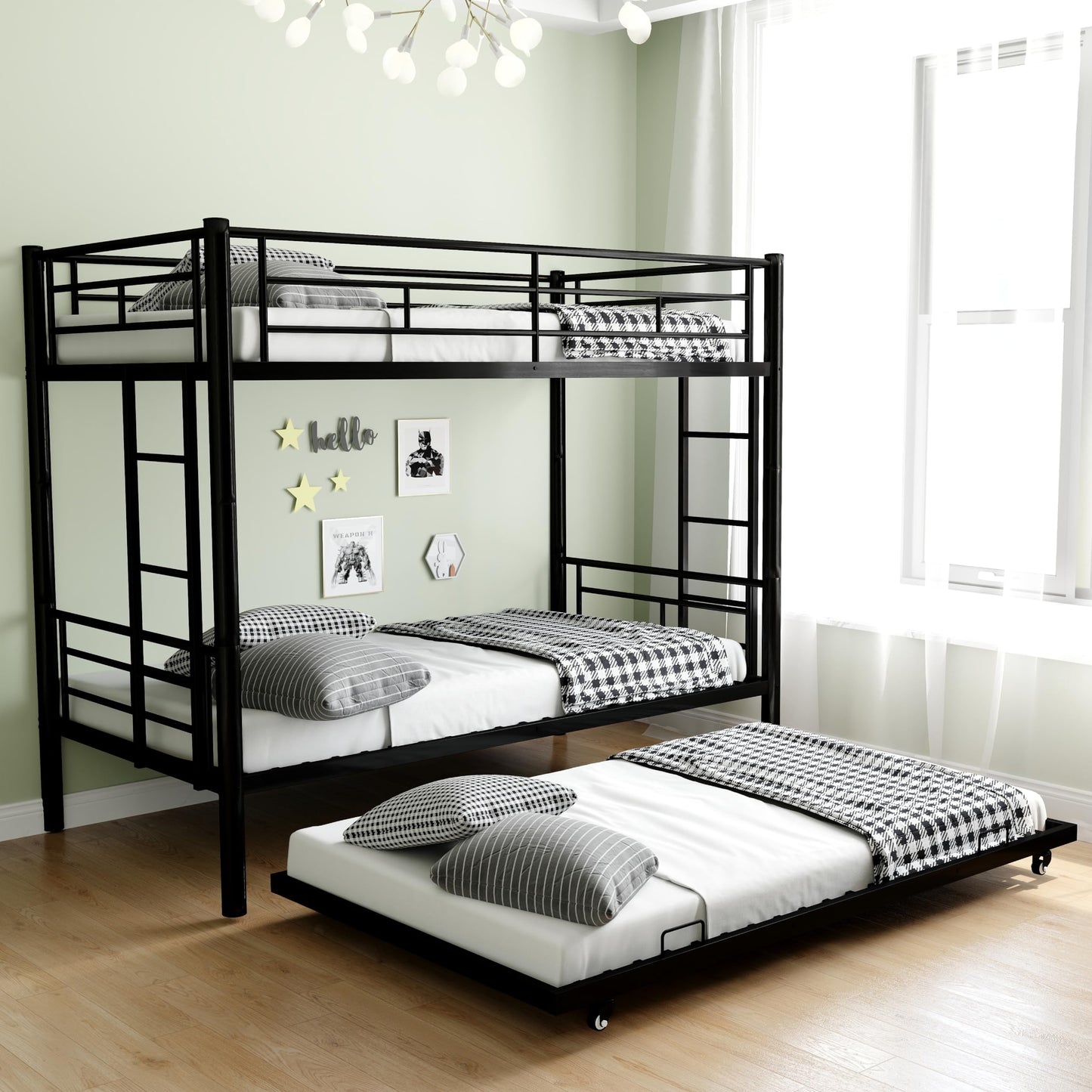 UDPARSCO Bunk Bed with Trundle, Heavy-Duty Twin Bed Frame 77“Lx40.3 Wx61.4 H, Trundle in 72.4" Lx39 W, Triple Bunk Bed for Kids, Teens and Adults (Black, Bunk with Trundle)