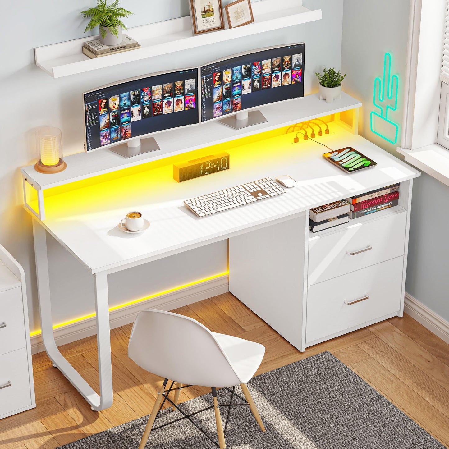 YITAHOME Computer Desk with Drawers, 55" Office Desk with Power Outlets & LED Light, Home Office Desk with Storage Shelves, White