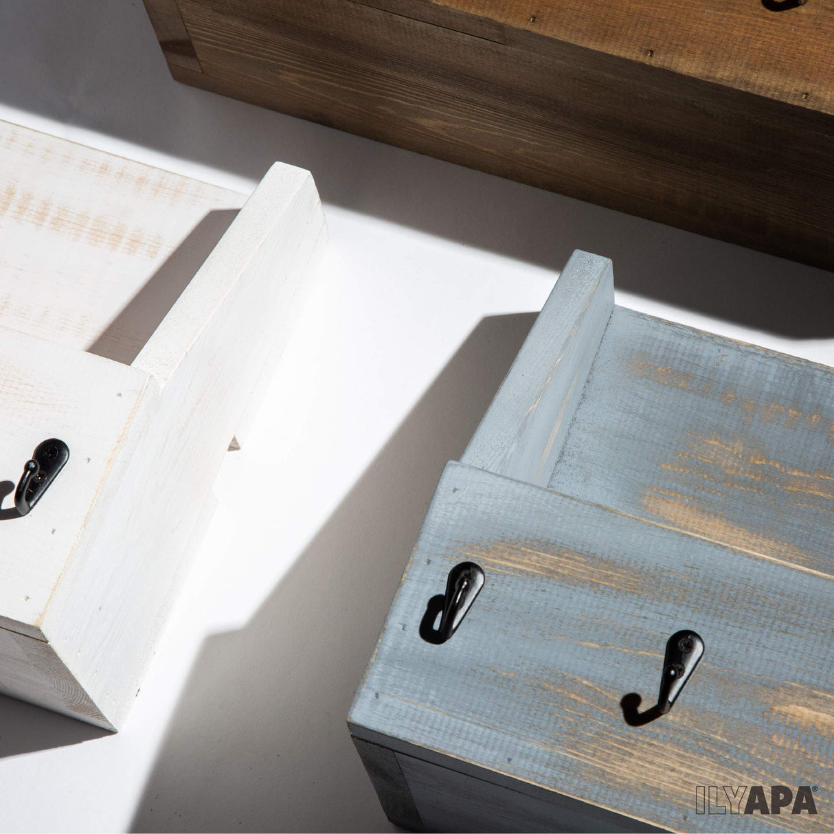 Ilyapa Key Holder for Wall, Farmhouse Mail Organizer Wall Mount, Rustic Wooden Mail Holder, Keys Center with 5 Antique Brass Hooks Ilyapa