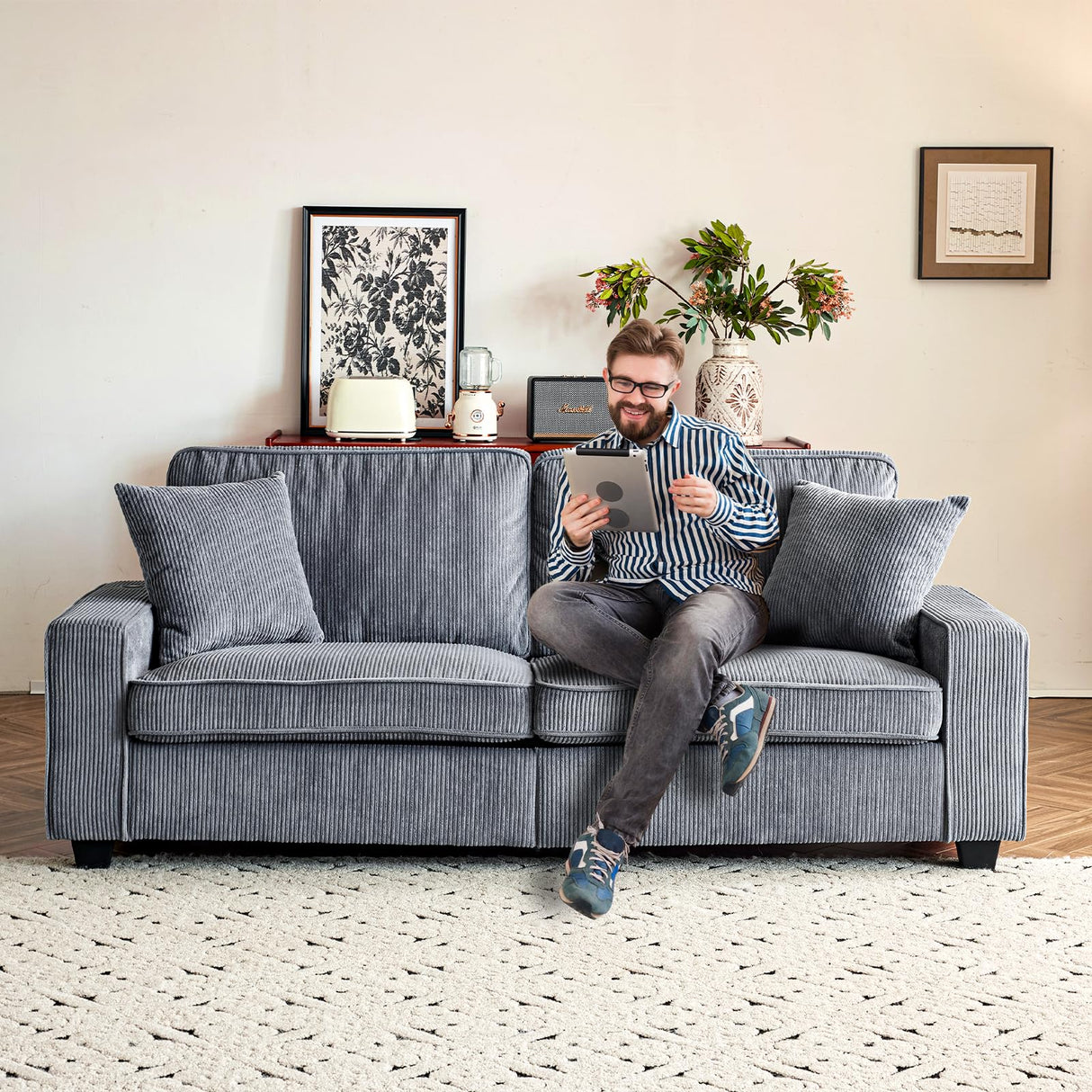 VINGLI 83" Modern Loveseat Sofa Couches for Living Room, Dark Gray Cloud Feel Comfy Sofas Deep Seat Couch Corduroy Sofa with Wide Armrest, USB Charging Port, 2 Throw Pillows VINGLI