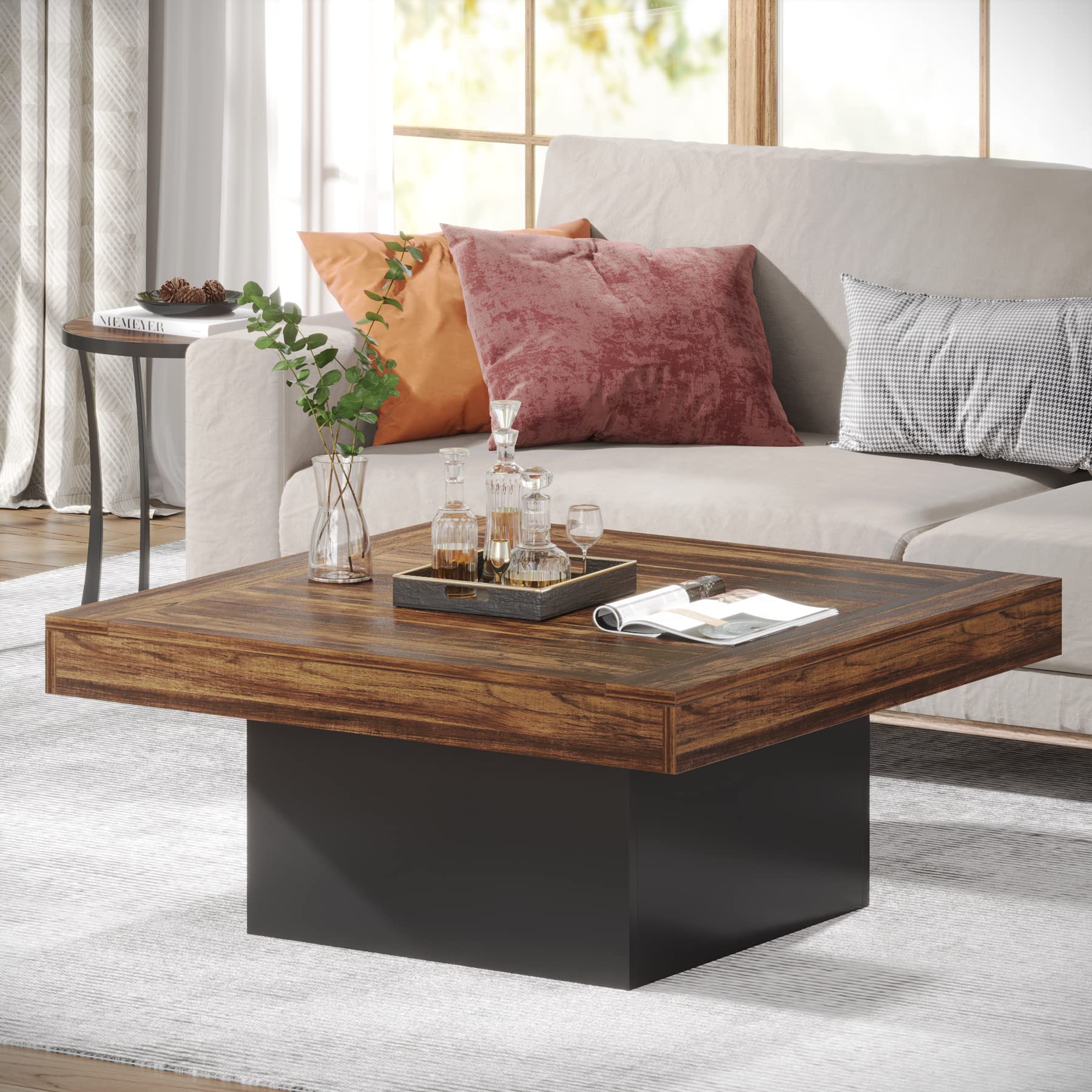 LITTLE TREE Square Coffee Table with LED Lights, Farmhouse Coffee Table Low Coffee Table Engineered Wood Coffee Table for Living Room, Black Rustic Brown - WoodArtSupply