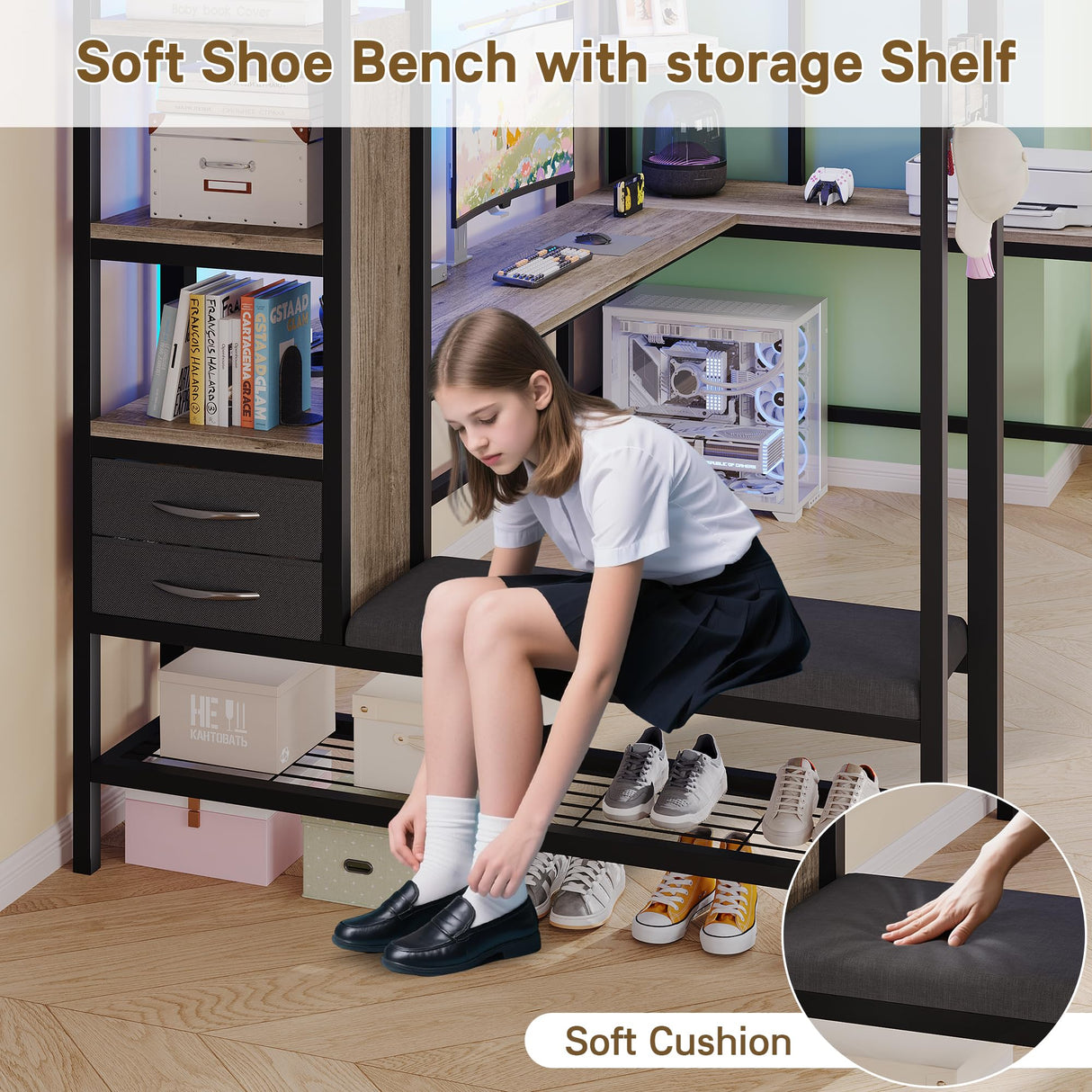 busyaeh Loft Bed with Hall Tree, Twin Loft Bed with Desk, Storage Headboard & 2 Drawers, Twin Size Loft Bed with LED Lights, Charging Station, Safety Guardrail & Ladder, No Box Spring Needed,Oak Gray busyaeh