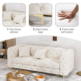 DAMAIFROM 75" Sofa Couch Mid Century Modern Velvet Couch Tufted Button Sofa High Armrest & Metal Gold Legs Luxury Chesterfield Decor with 2 Piilows Comfy Loveseat for Living Room, Beige White DAMAIFROM