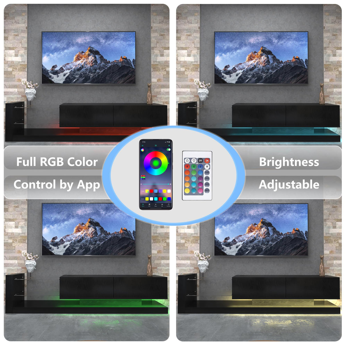 LED TV Stand for 55/65/75 Inch TV, Modern Entertainment Center with 31 Modes Full Color Selection Light String, TV Console with Tempered Glass for Living Room Bedroom, Black Banzeem