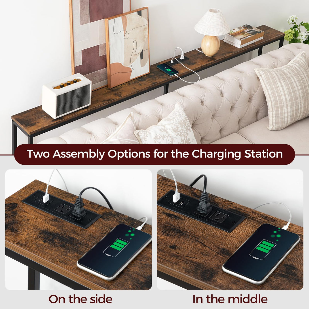 MAHANCRIS 78.7" Console Table with Power Outlet, Narrow Sofa Table, Industrial Entryway Table with USB Ports, Behind Couch Table for Entryway, Hallway, Foyer, Living Room, Rustic Brown CTHR20E01 MAHANCRIS