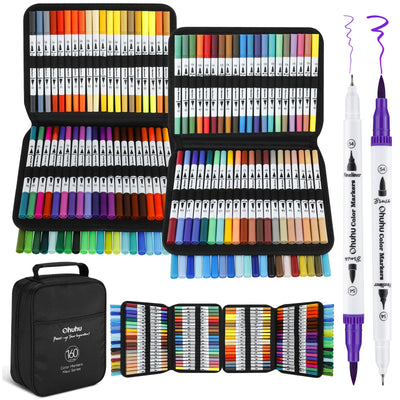 Ohuhu Markers for Adult Coloring Books: 160 Colors Coloring Markers Dual Tips Fine & Brush Drawing Pens Water-Based Art Markers for Kids Adults Sketch Bullet Journal with Carrying Case - Maui - White